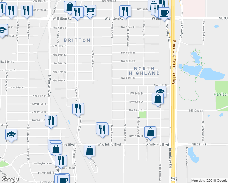 map of restaurants, bars, coffee shops, grocery stores, and more near 436 Northwest 85th Street in Oklahoma City