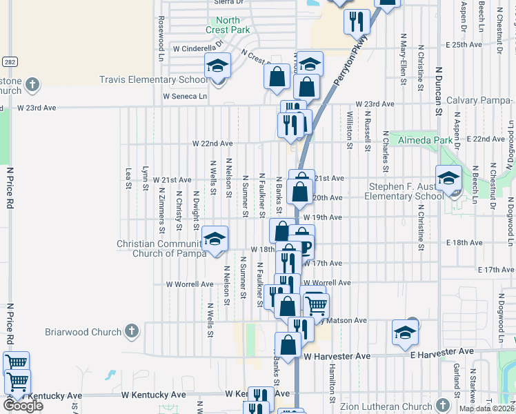map of restaurants, bars, coffee shops, grocery stores, and more near 1926 North Faulkner Street in Pampa