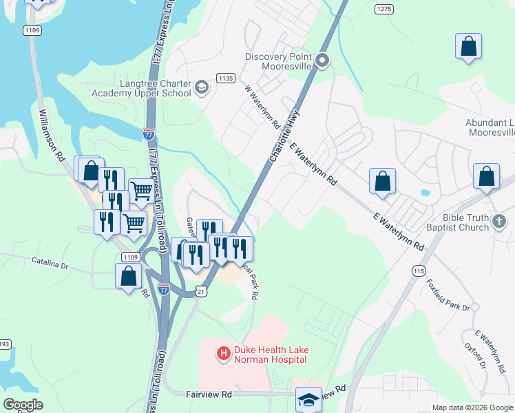 map of restaurants, bars, coffee shops, grocery stores, and more near 141 Black Rock Road in Mooresville