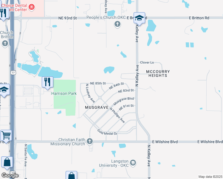 map of restaurants, bars, coffee shops, grocery stores, and more near 832 Northeast 84th Street in Oklahoma City