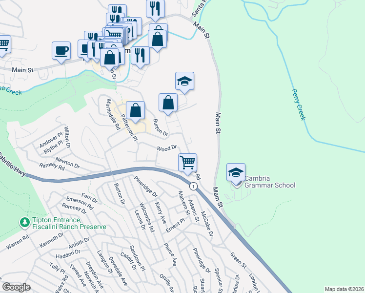 map of restaurants, bars, coffee shops, grocery stores, and more near 3125 Wood Drive in Cambria