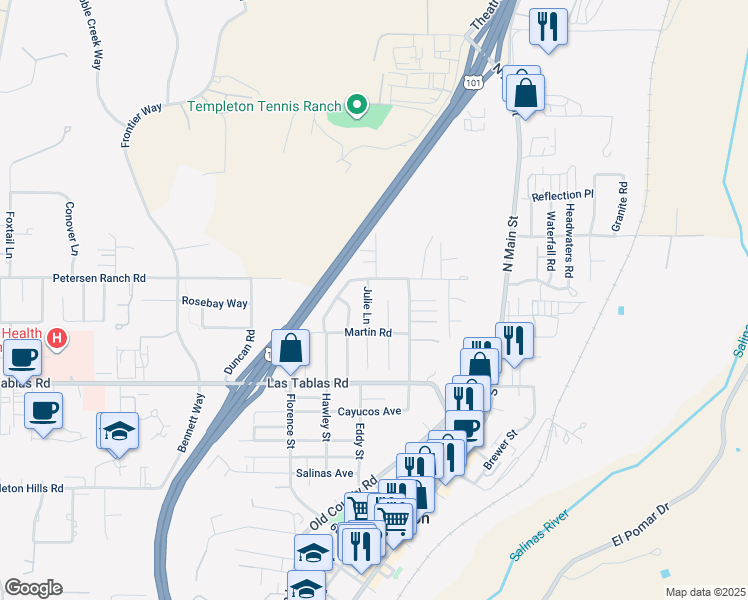 map of restaurants, bars, coffee shops, grocery stores, and more near 40 Julie Lane in Templeton