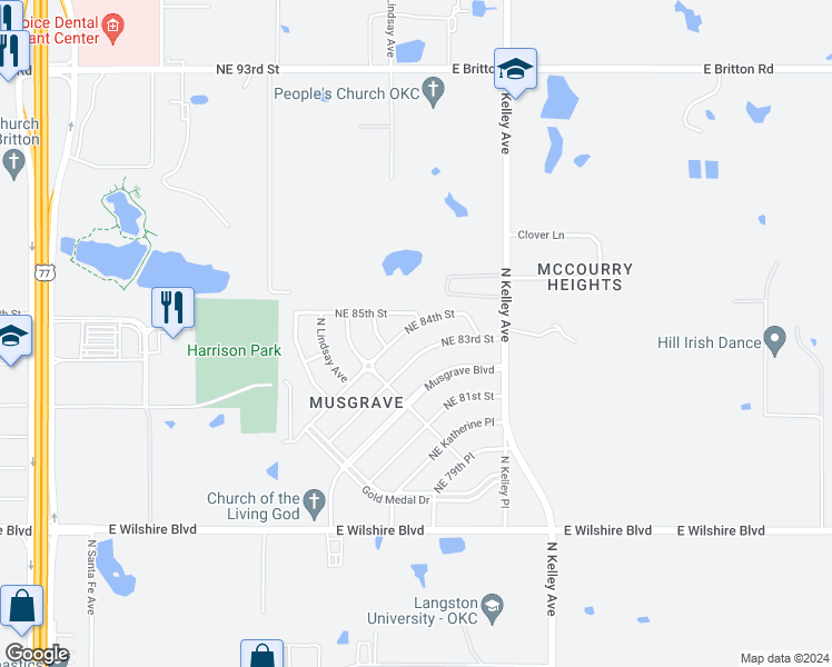 map of restaurants, bars, coffee shops, grocery stores, and more near 836 Northeast 84th Street in Oklahoma City