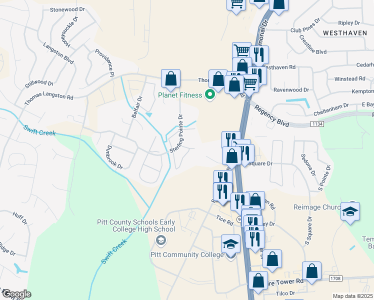 map of restaurants, bars, coffee shops, grocery stores, and more near 3901 Sterling Pointe Drive in Winterville