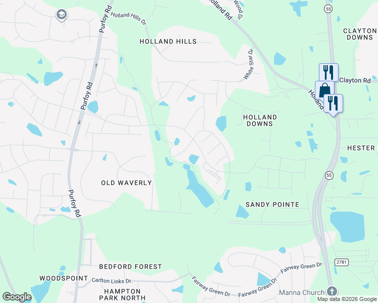 map of restaurants, bars, coffee shops, grocery stores, and more near 1924 Holland Road in Fuquay Varina