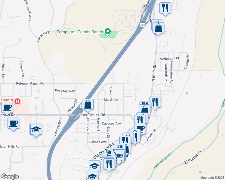 map of restaurants, bars, coffee shops, grocery stores, and more near 40 Julie Lane in Templeton