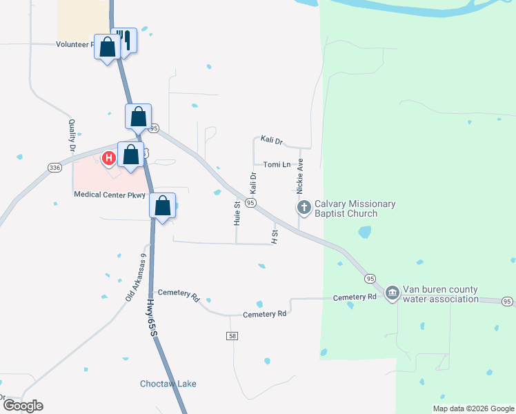 map of restaurants, bars, coffee shops, grocery stores, and more near 600 Arkansas 95 in Clinton