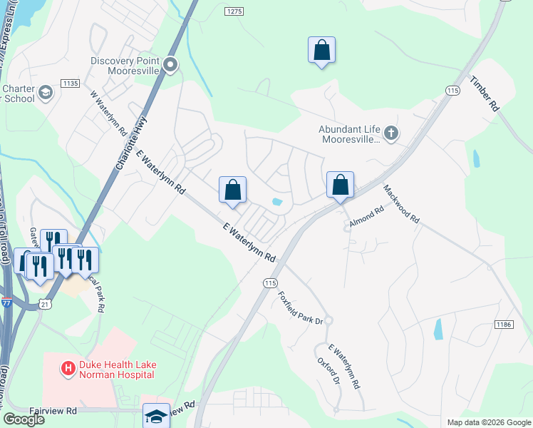 map of restaurants, bars, coffee shops, grocery stores, and more near 127 Walnut Cove Drive in Mooresville