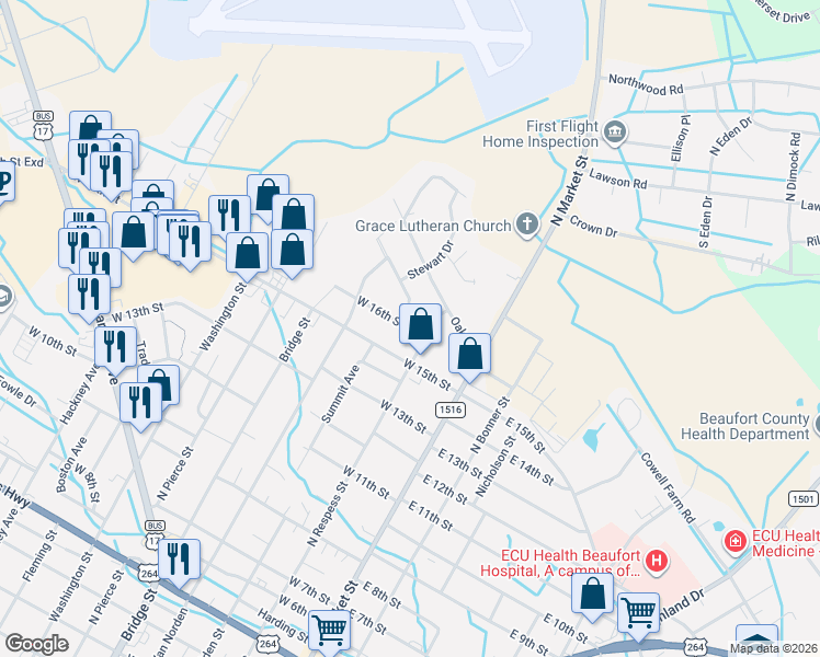 map of restaurants, bars, coffee shops, grocery stores, and more near 202 West 16th Street in Washington