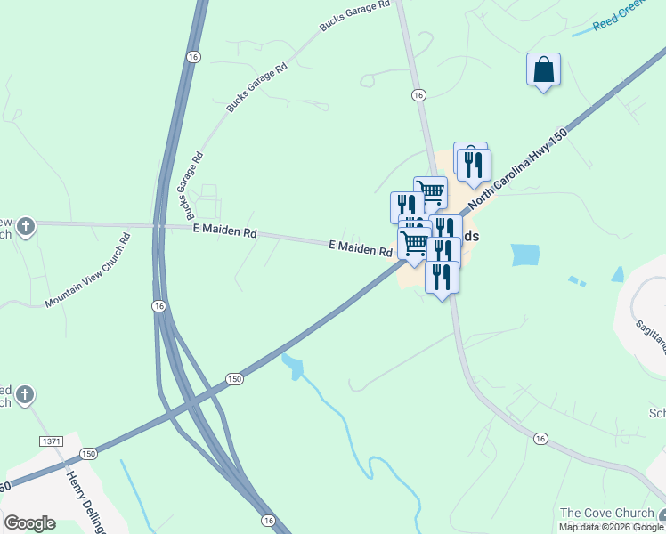 map of restaurants, bars, coffee shops, grocery stores, and more near 5511 East Maiden Road in Maiden