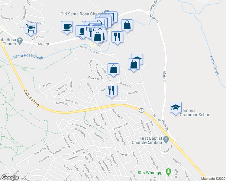 map of restaurants, bars, coffee shops, grocery stores, and more near 2771 Patterson Place in Cambria