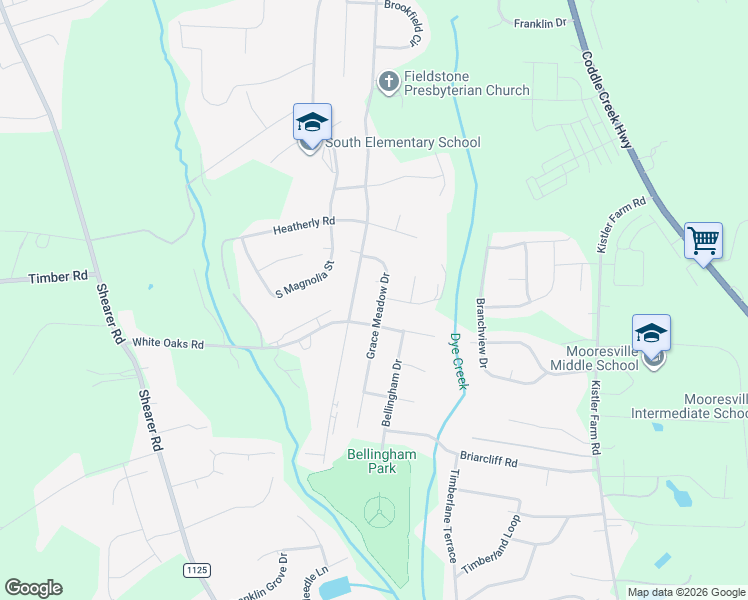 map of restaurants, bars, coffee shops, grocery stores, and more near 1129 Grace Meadow Drive in Mooresville