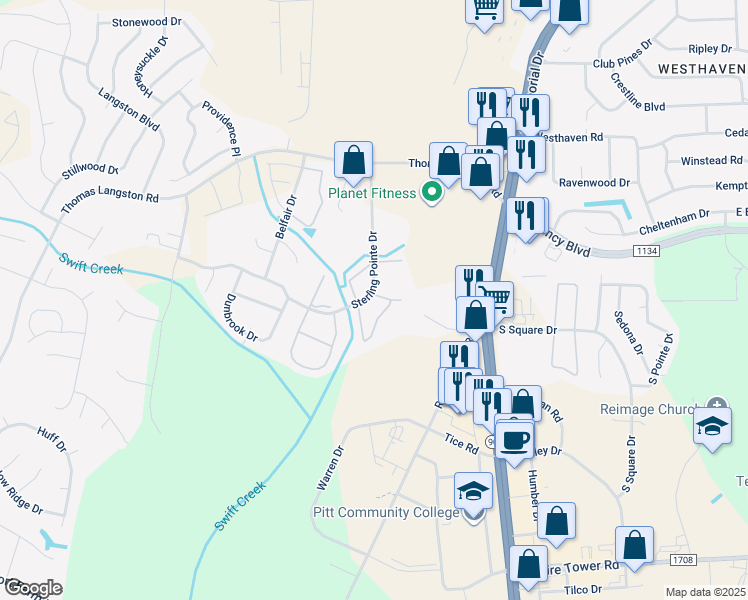 map of restaurants, bars, coffee shops, grocery stores, and more near 3903 Sterling Pointe Drive in Winterville