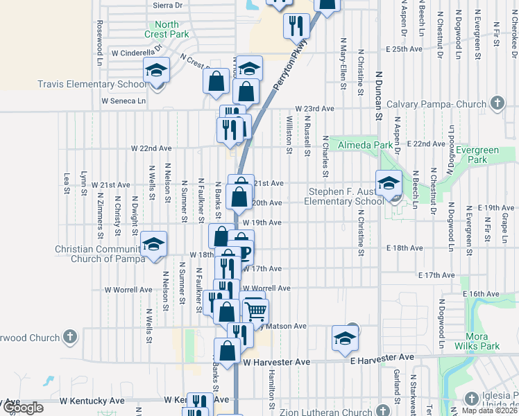 map of restaurants, bars, coffee shops, grocery stores, and more near 1901-1999 Coffee Street in Pampa