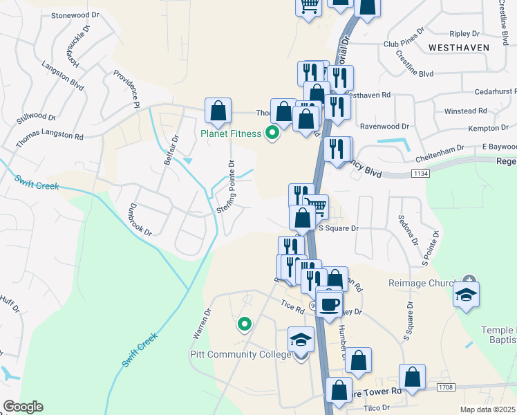 map of restaurants, bars, coffee shops, grocery stores, and more near 712 Patton Circle in Winterville