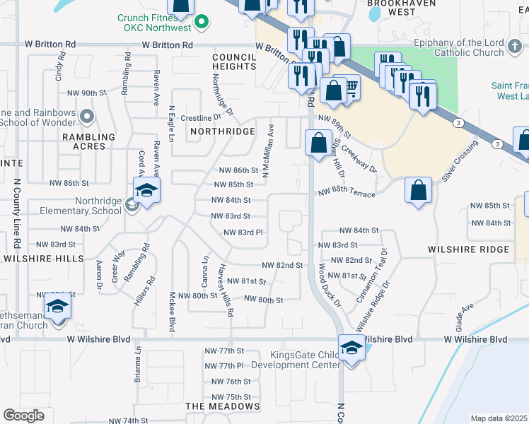 map of restaurants, bars, coffee shops, grocery stores, and more near 8101 Northwest 83rd Street in Oklahoma City