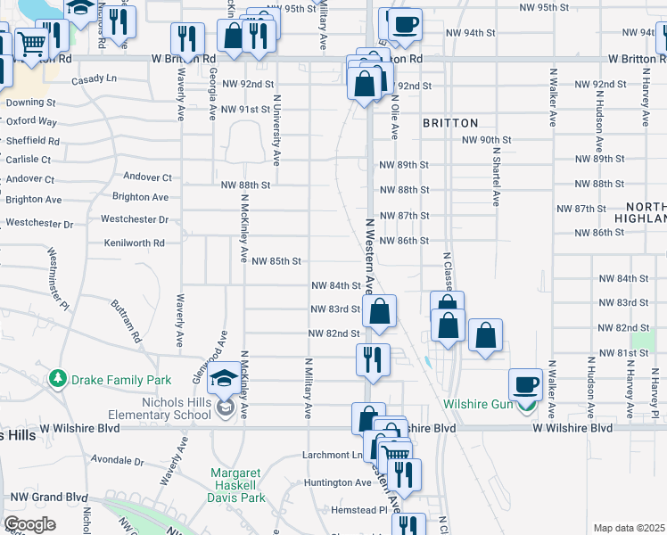 map of restaurants, bars, coffee shops, grocery stores, and more near 1136 Northwest 85th Street in Oklahoma City