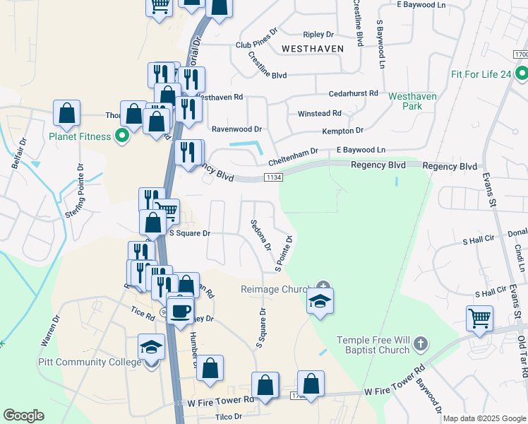 map of restaurants, bars, coffee shops, grocery stores, and more near 505 Hillshade Court in Winterville
