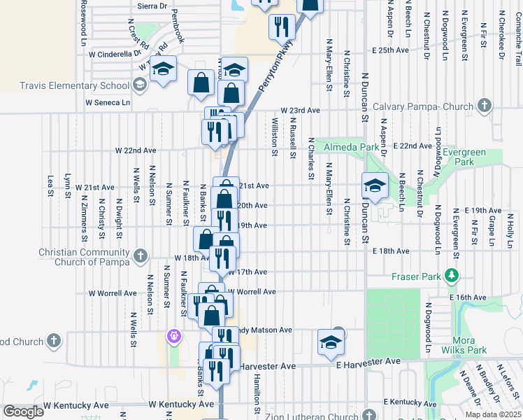 map of restaurants, bars, coffee shops, grocery stores, and more near 1918 Hamilton Street in Pampa