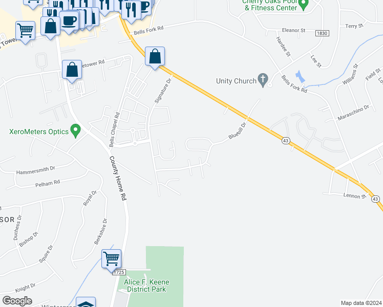 map of restaurants, bars, coffee shops, grocery stores, and more near 1805 Fox Den Way in Greenville