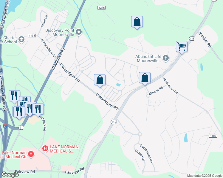 map of restaurants, bars, coffee shops, grocery stores, and more near 127 Walnut Cove Drive in Mooresville