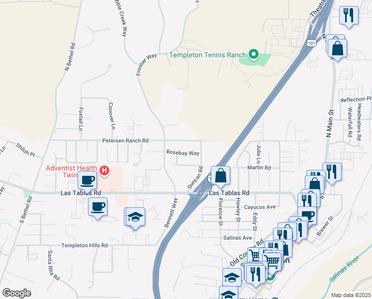 map of restaurants, bars, coffee shops, grocery stores, and more near 820 Rosebay Way in Templeton