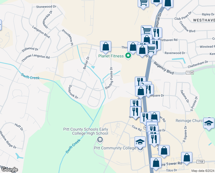 map of restaurants, bars, coffee shops, grocery stores, and more near 3904 Sterling Pointe Drive in Winterville