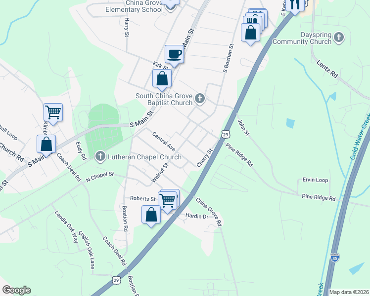 map of restaurants, bars, coffee shops, grocery stores, and more near 52 Walnut St in China Grove