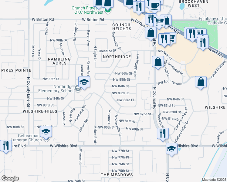 map of restaurants, bars, coffee shops, grocery stores, and more near 8309 NW 83rd St in Oklahoma City