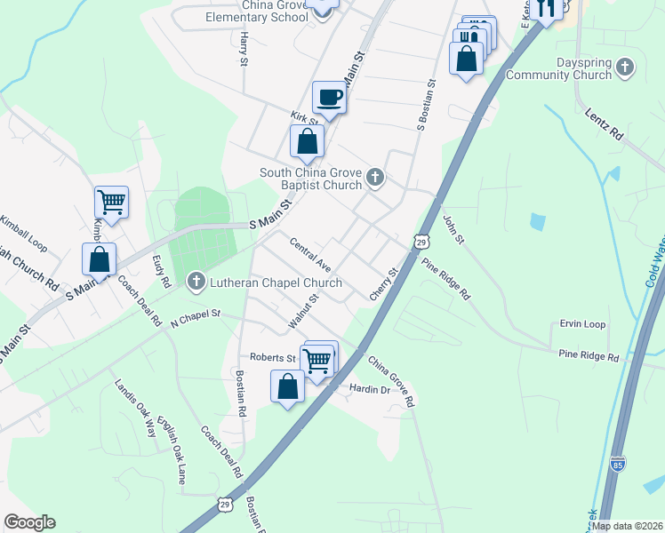 map of restaurants, bars, coffee shops, grocery stores, and more near 52 Walnut Street in China Grove