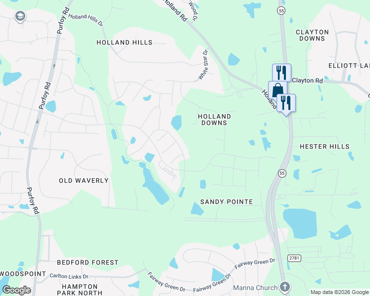 map of restaurants, bars, coffee shops, grocery stores, and more near 1916 Holland Road in Fuquay-Varina