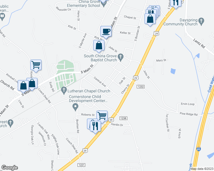 map of restaurants, bars, coffee shops, grocery stores, and more near 68 Walnut Street in China Grove