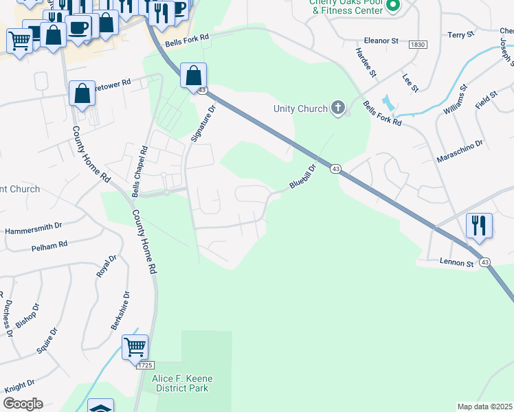 map of restaurants, bars, coffee shops, grocery stores, and more near 1801 Fox Den Way in Greenville