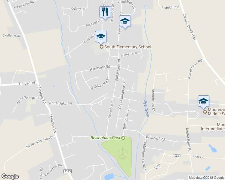 map of restaurants, bars, coffee shops, grocery stores, and more near 1127 Fieldstone Road in Mooresville