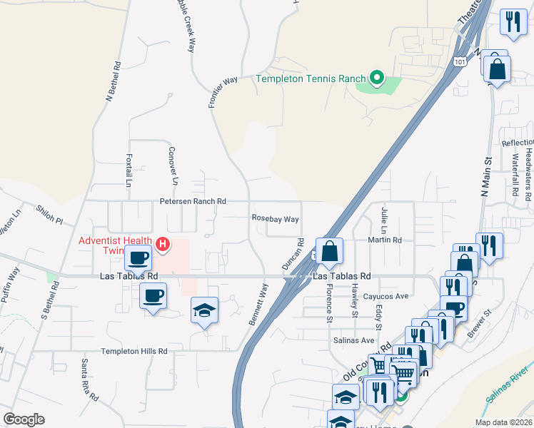map of restaurants, bars, coffee shops, grocery stores, and more near 820 Rosebay Way in Templeton