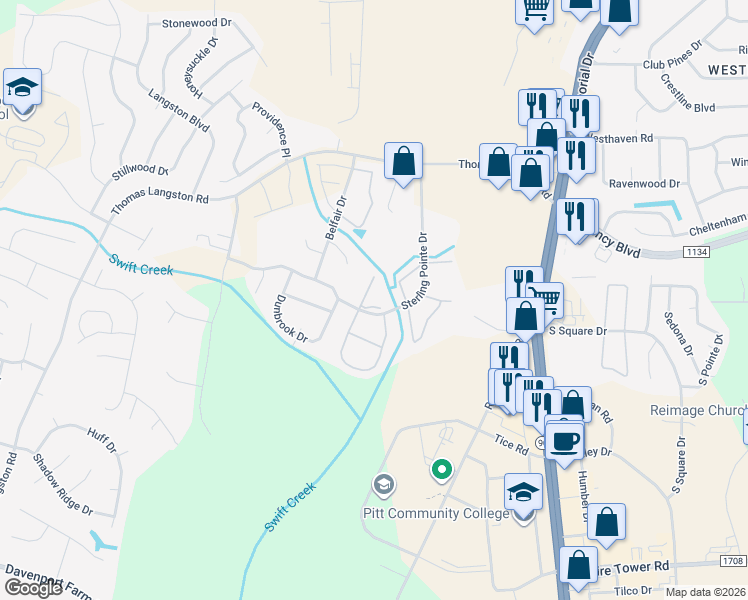 map of restaurants, bars, coffee shops, grocery stores, and more near 3914 Sterling Pointe Drive in Winterville