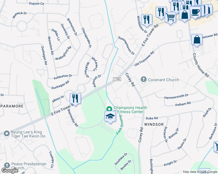 map of restaurants, bars, coffee shops, grocery stores, and more near 4002 Whitebridge Drive in Winterville