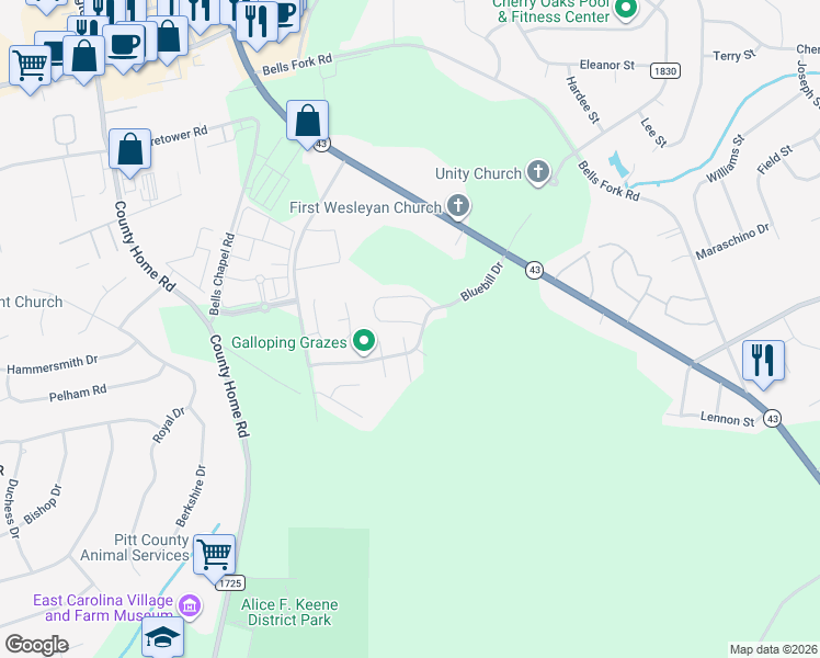 map of restaurants, bars, coffee shops, grocery stores, and more near 1801 Fox Den Way in Greenville