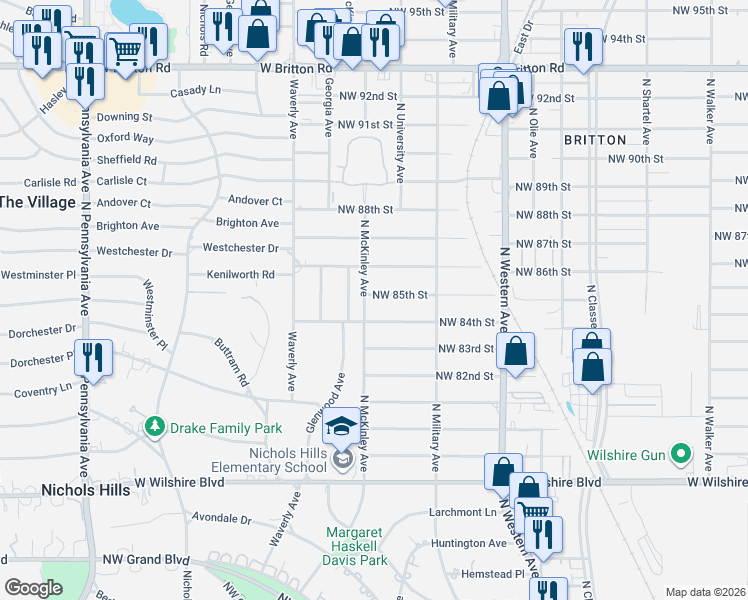 map of restaurants, bars, coffee shops, grocery stores, and more near 8600 Glenwood Avenue in Oklahoma City
