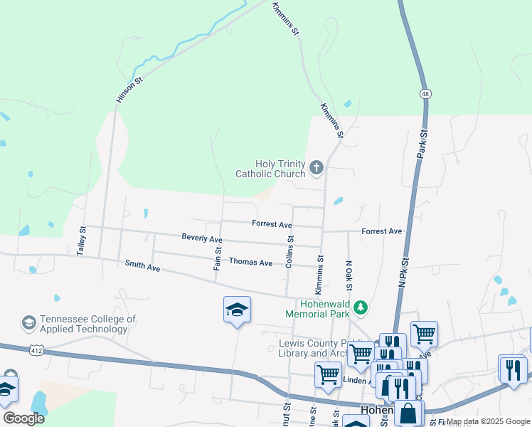 map of restaurants, bars, coffee shops, grocery stores, and more near 515 Forrest Avenue in Hohenwald