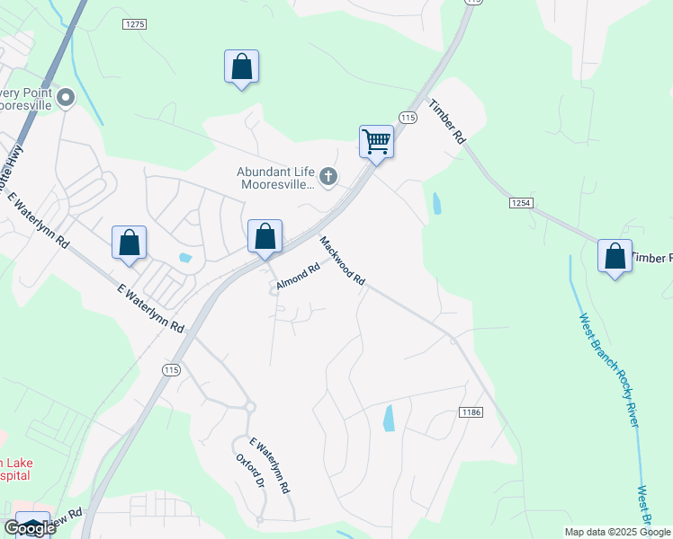 map of restaurants, bars, coffee shops, grocery stores, and more near 130 Mackwood Road in Mooresville