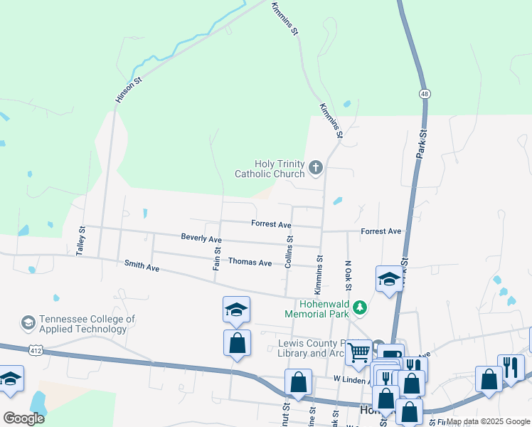map of restaurants, bars, coffee shops, grocery stores, and more near 515 Forrest Avenue in Hohenwald