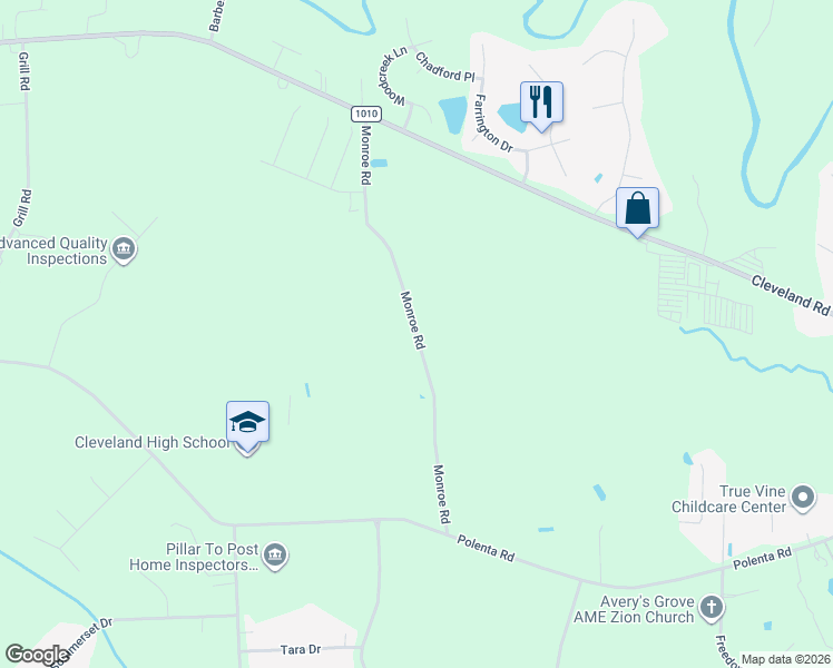map of restaurants, bars, coffee shops, grocery stores, and more near Monroe Road in Smithfield