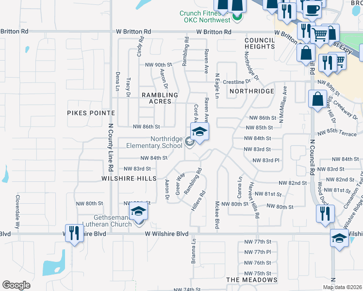 map of restaurants, bars, coffee shops, grocery stores, and more near 8601 Rambling Road in Oklahoma City