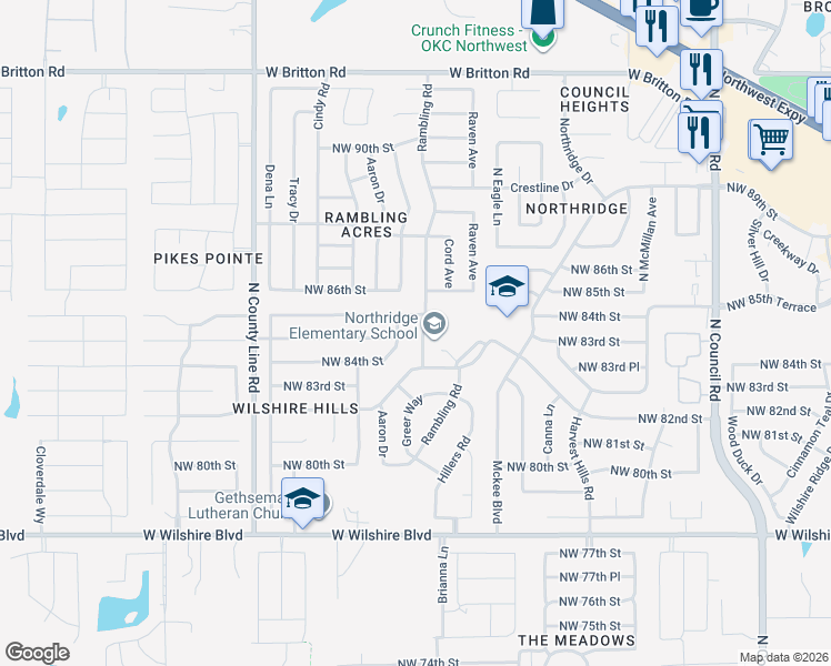map of restaurants, bars, coffee shops, grocery stores, and more near 8601 Rambling Road in Oklahoma City