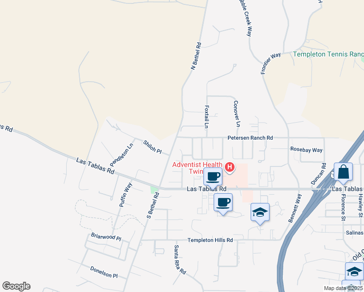 map of restaurants, bars, coffee shops, grocery stores, and more near 25 Mockingbird Lane in Templeton