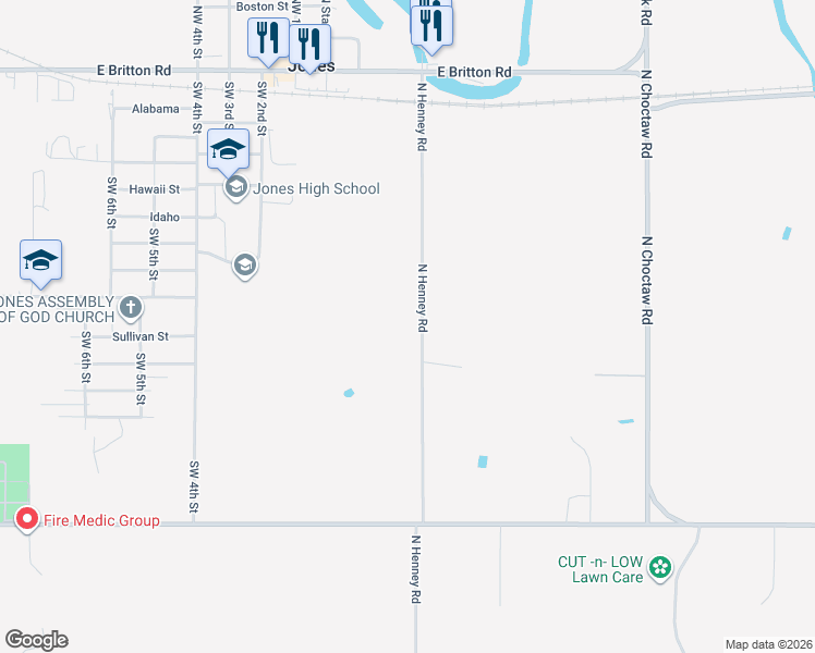map of restaurants, bars, coffee shops, grocery stores, and more near 8455 Henney Road in Jones