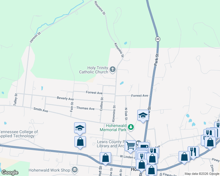 map of restaurants, bars, coffee shops, grocery stores, and more near 300 Borum Ave in Hohenwald