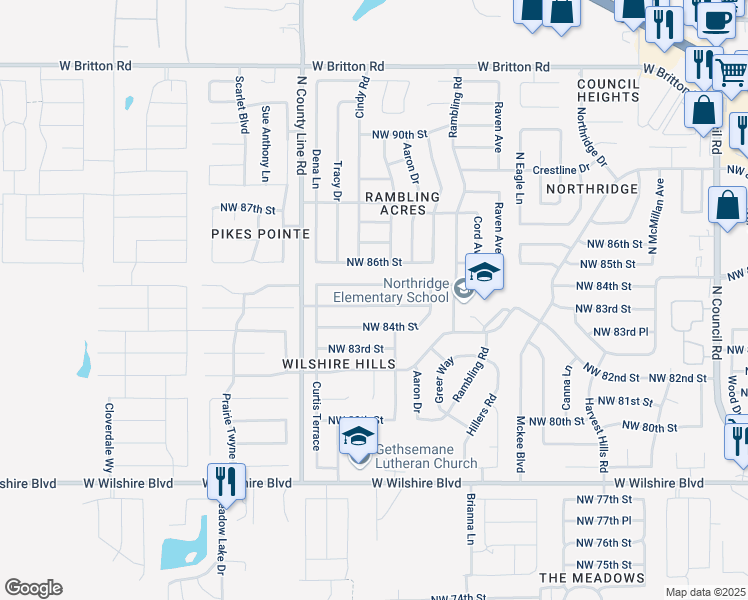 map of restaurants, bars, coffee shops, grocery stores, and more near 8813 NW 85th St in Oklahoma City