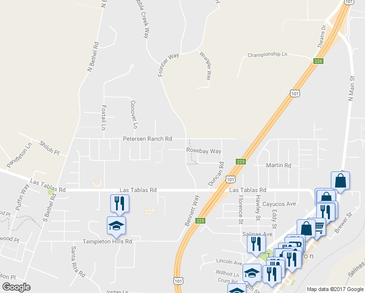 map of restaurants, bars, coffee shops, grocery stores, and more near 920 Rosebay Way in Templeton
